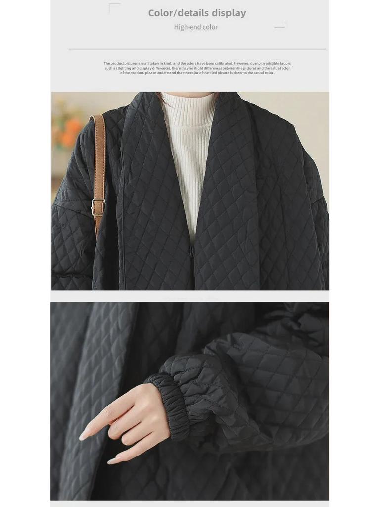 Winter 2023 European Loose-Fit Diamond-Patterned Cotton Jacket for Women - Large Size