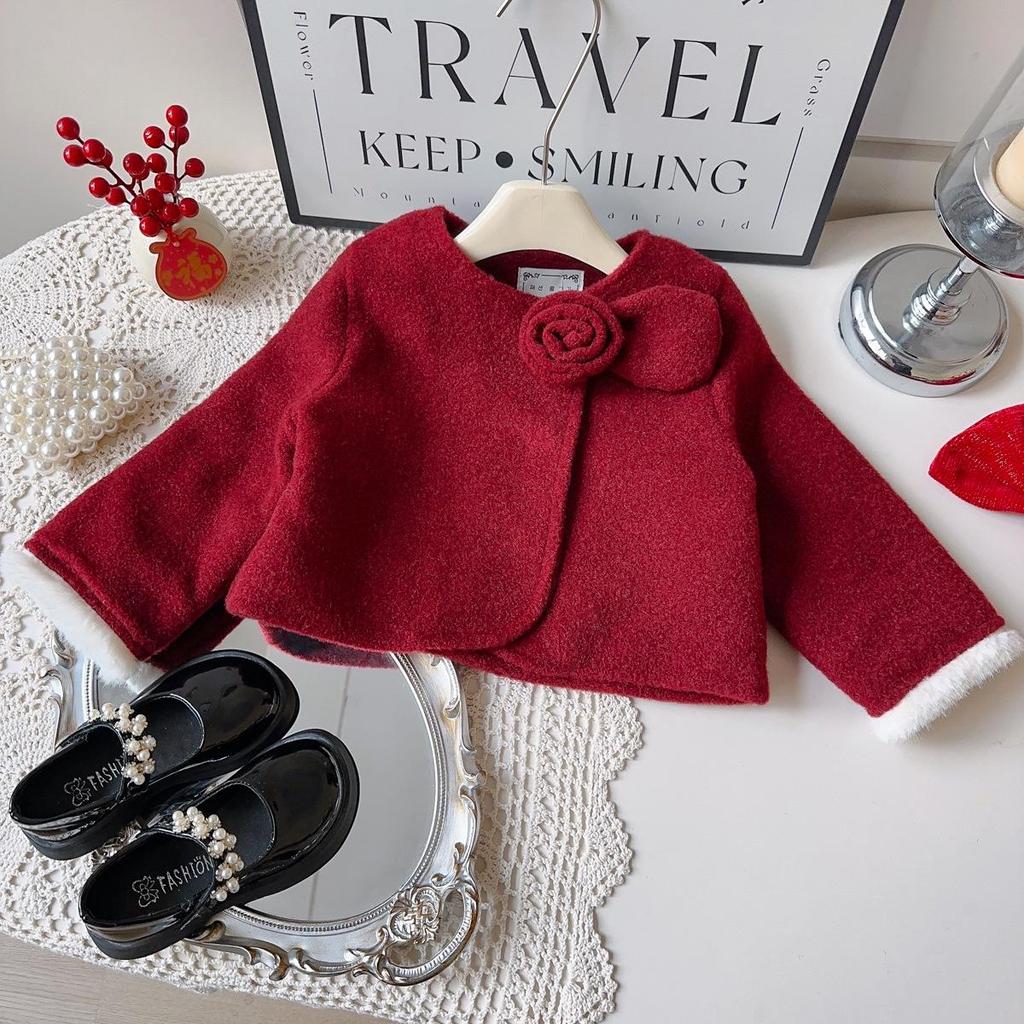 Girls' Winter Chinese Style Frayed Edge Coat & Skirt Two-Piece Set