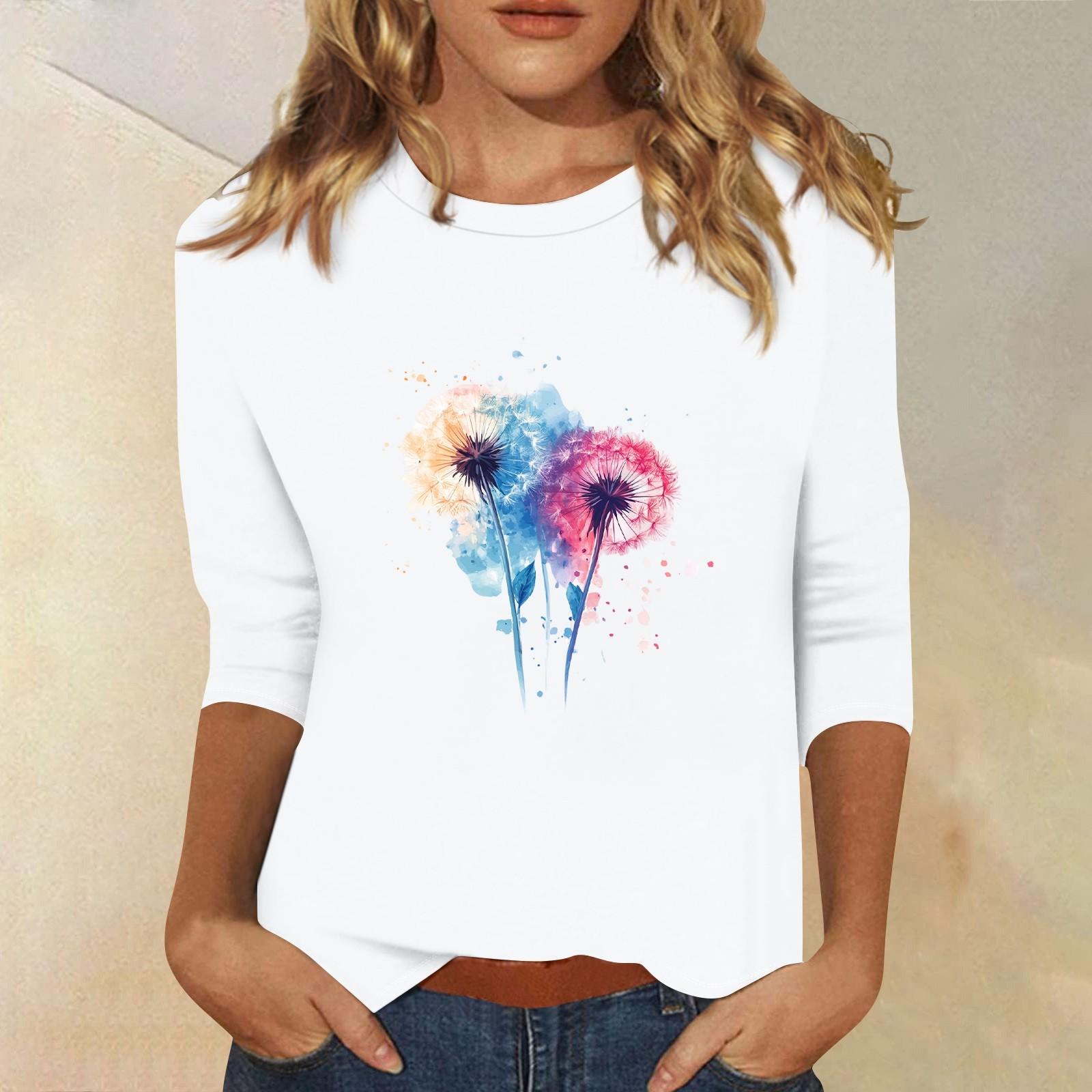 

3/4 рукава топы для женщин футболка повседневные принты топы футболка круглый вырез пуловер блузка XXL белый