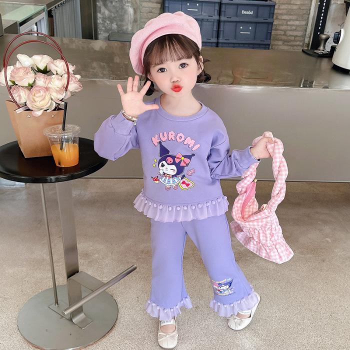Girls Spring Autumn Ruffled Long Sleeve Sweatshirt Two Piece Set with Cartoon Print