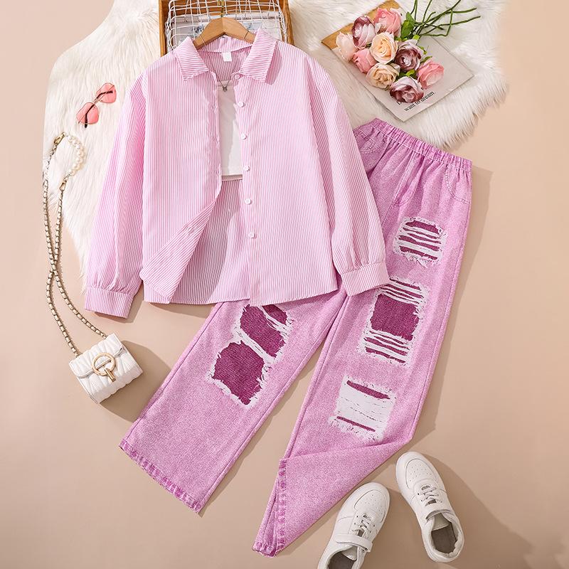 

Подростки Детский Комплект 2025 Осень Новый Девочки Рваные Джинсы Рубашка в Полоску с Длинным Рукавом Розовый Хип-Хоп Стиль Комплект из Двух Предметов 16Y розовый