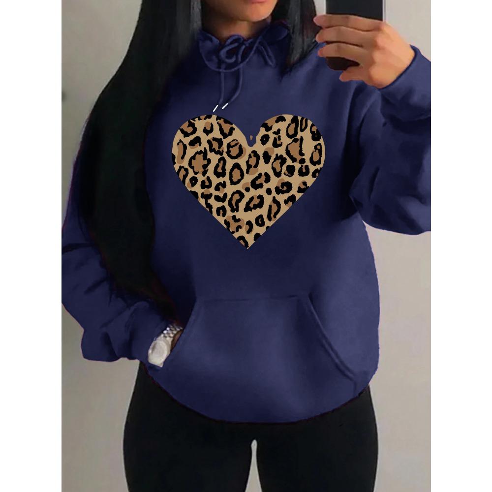 Simple Leopard Print Heart Design Hoody Women Oversize Fleece Hoodies Autumn Hip Hop Sportswear Fashion Clothing