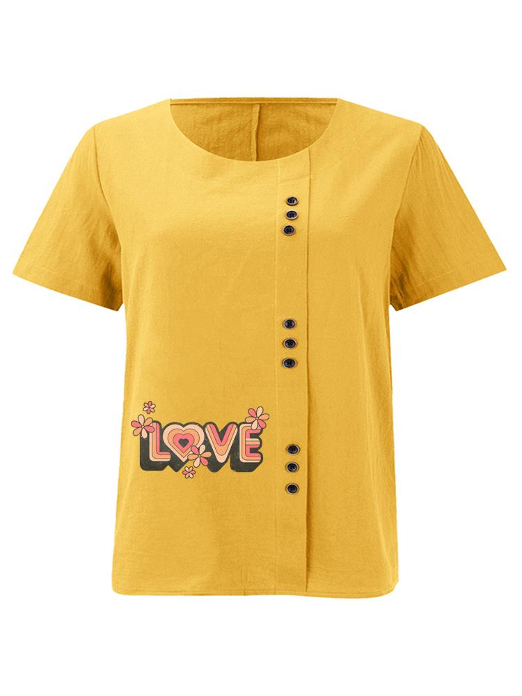 Women's Fashion Love Letters Print Casual Cotton Linen Short Sleeve Round Neck T-shirt Shirt Leisure Loose Summer Blouse Tops
