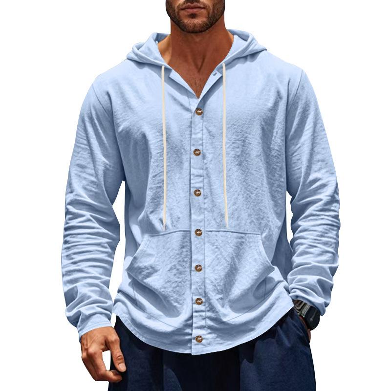 Camisa Holgada de Primavera Otoño para Hombre Lino Suelta Casual Sencilla con Capucha Manga Larga Forro Botonadura Sencilla