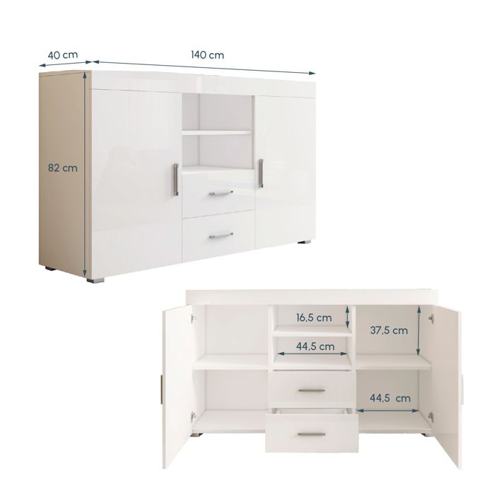 Buffet Bahut 2 portes 2 tiroirs | 140 x 80 x 40 cm | Couleur Blanc Brillant | Rangement | ROQUE