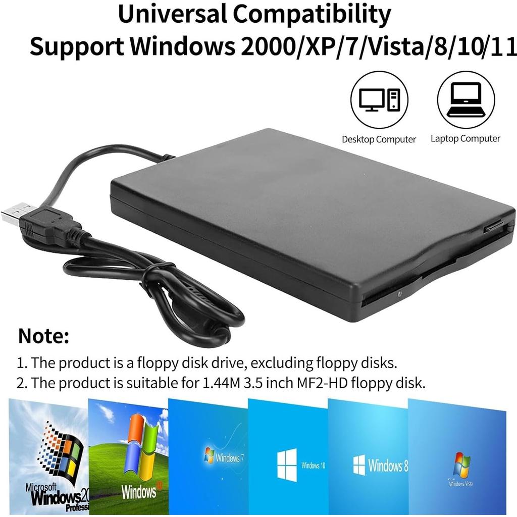 Floppy Disk Reader Drive 3.5" 1.44MB FDD External USB Floppy Diskette Drive for Windows 11/10/8/7/XP/Vista Mac PC Laptop Desktop