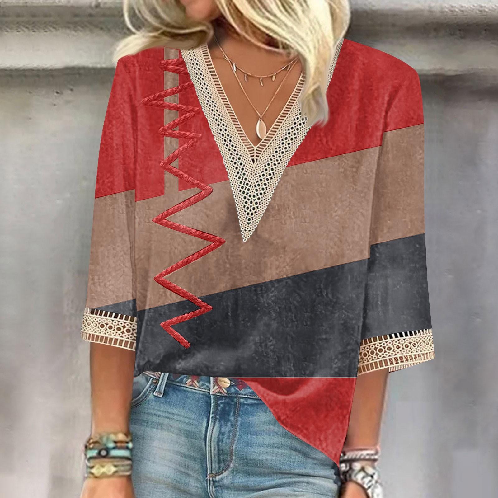 

Женская рубашка-блузка Повседневные свободные рубашки с рукавами 3/4 и кружевной отделкой Топы с v-образным вырезом и принтом Топы с принтом Футболки Футболки XL винный