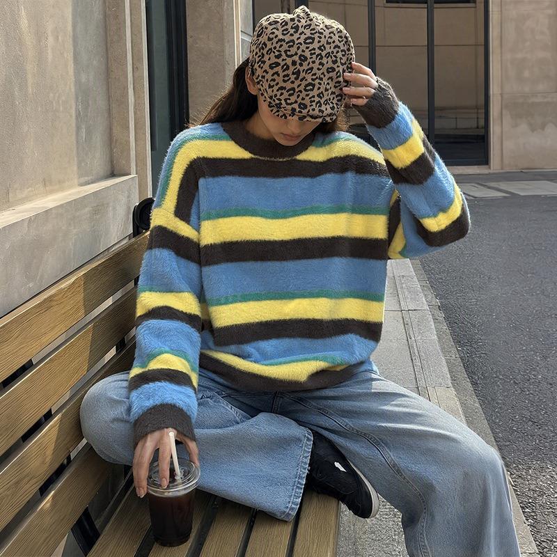 Women S Blue Round Neck Striped Knitted Sweater Casual Commute Style