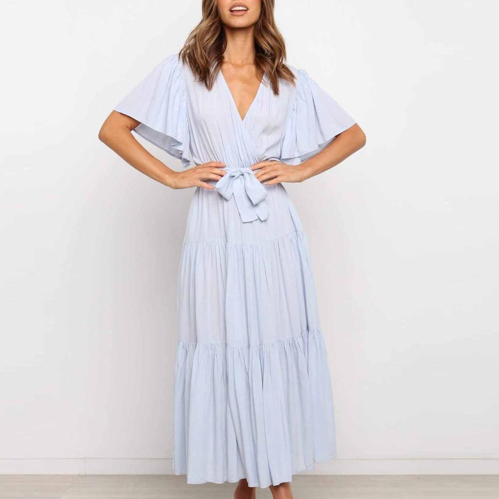 Women's Casual Fashion Color V-neck Lace-up Flared Sleeve Splicing Dress