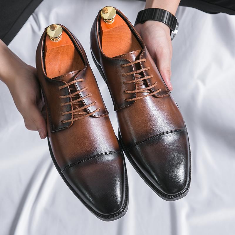 Fashion Brown Fashion Leather Shoes Men Oxfords Formal Leather Shoes Business Dress Brogue Flats Men Wedding Derby Shoes Plus Size 38-48