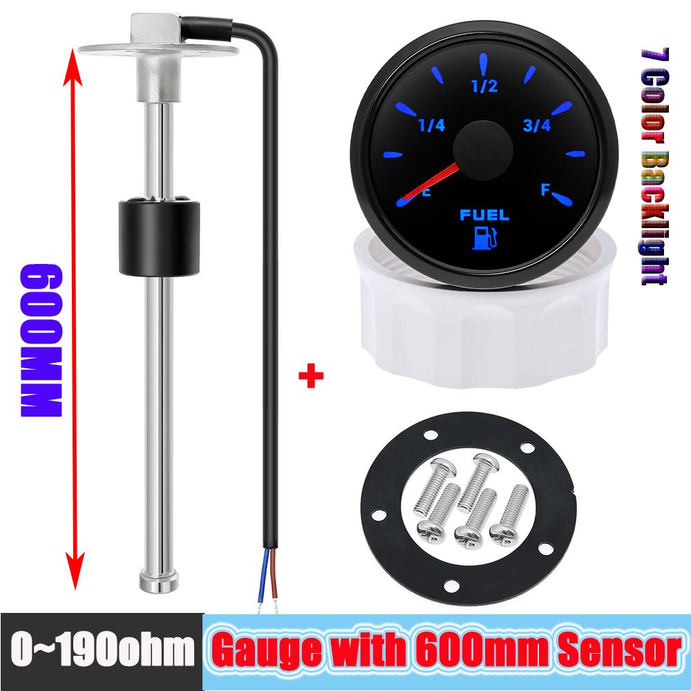 Car FUEL Gauges Instruments+A5 Fuel Float Sensor 0-190 Ohm 7 Color LED Water Tank Level 52MM Waterproof for Boat Marine 12V 24V