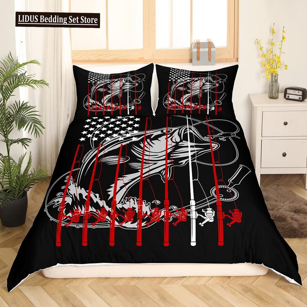 Pike Fish Bedding Striped Bass Big Pattern Hunting And Fishing Themed Duvet Cover For Kids Boys BedRoom Decorations For Teens