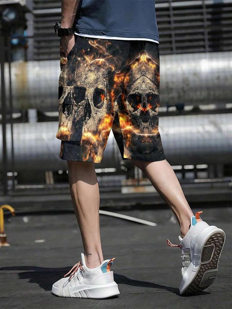 3D Digital Printed Flame Skull Pattern Men's Beach Shorts, Summer Casual Vacation Style Men's Bottoms, Men's Cargo Pants