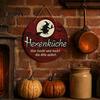 Indoor Halloween Wall Ornament Wooden Hanging Sign, Round Pendant for Front Door Decor, Full German Text Witch Sign Moon Bat Design Retro Holiday