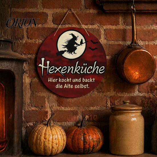 Indoor Halloween Wall Ornament Wooden Hanging Sign, Round Pendant for Front Door Decor, Full German Text Witch Sign Moon Bat Design Retro Holiday