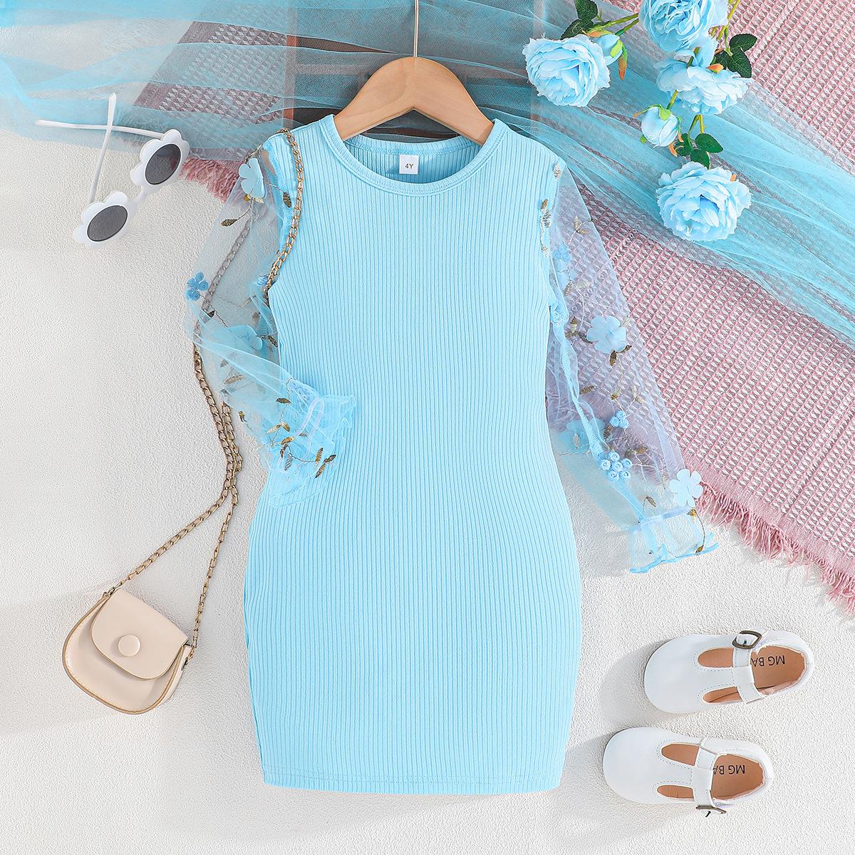 

Сукні для дівчат Весняно-осінній дитячий одяг із сітчастими рукавами Модні дитячі трикотажні сукні з круглим вирізом для дівчаток на 4, 5, 6, 7 років 7Y синій