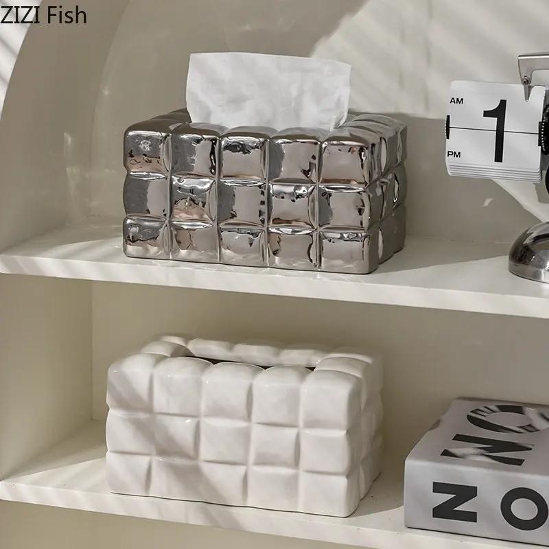 Electroplated Ceramic Tissue Box Creative Napkin Tissue Holder Nordic Home Decoration Art Living Room Tissue Storage Box