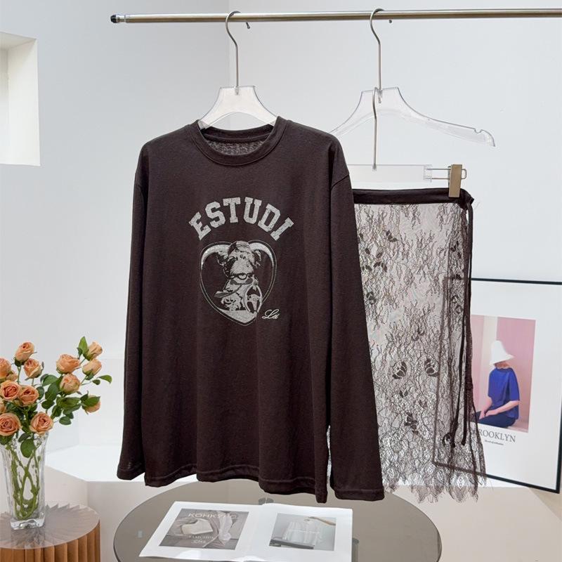 

Rui25 New Cute Bear Print Long Sleeve Shirt + Vintage Lace Waist Flared Hem Set Small