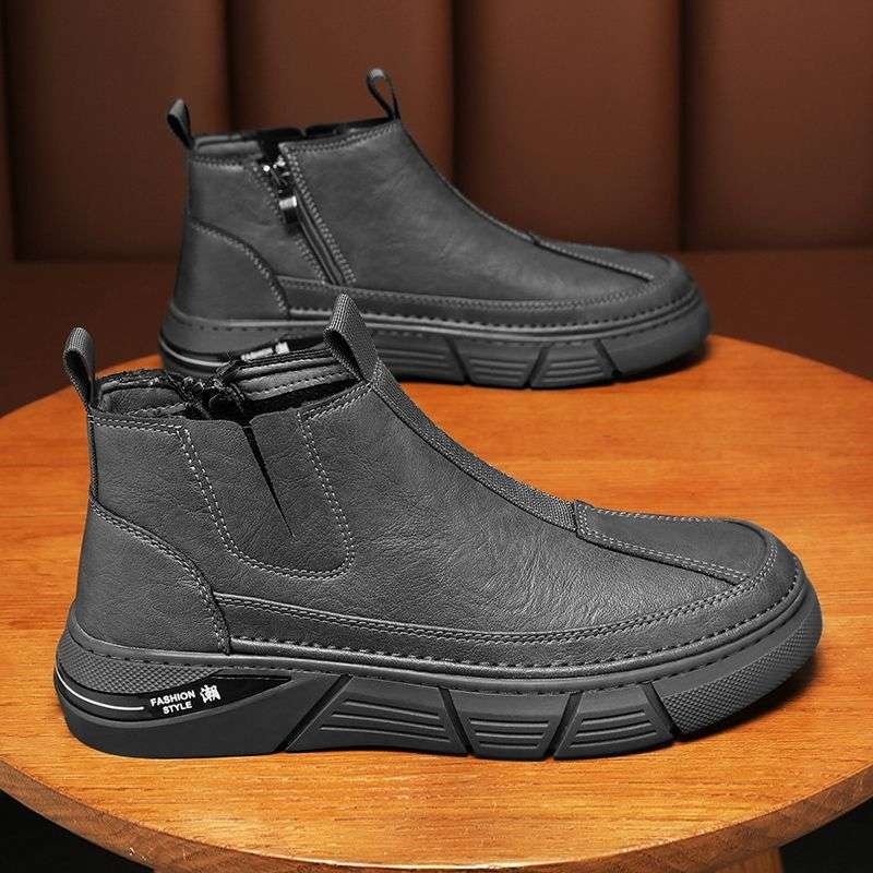 Men's Boots High-top Ankle Boots Trend British Style Outdoor Leather Shoes Zipper Platform Work Shoes Soft Sole Plush Snow Boots