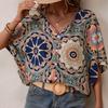 Ladies Summer Short Sleeve V Neck Loose Retro Flower Printed Pullover  Shirt Top