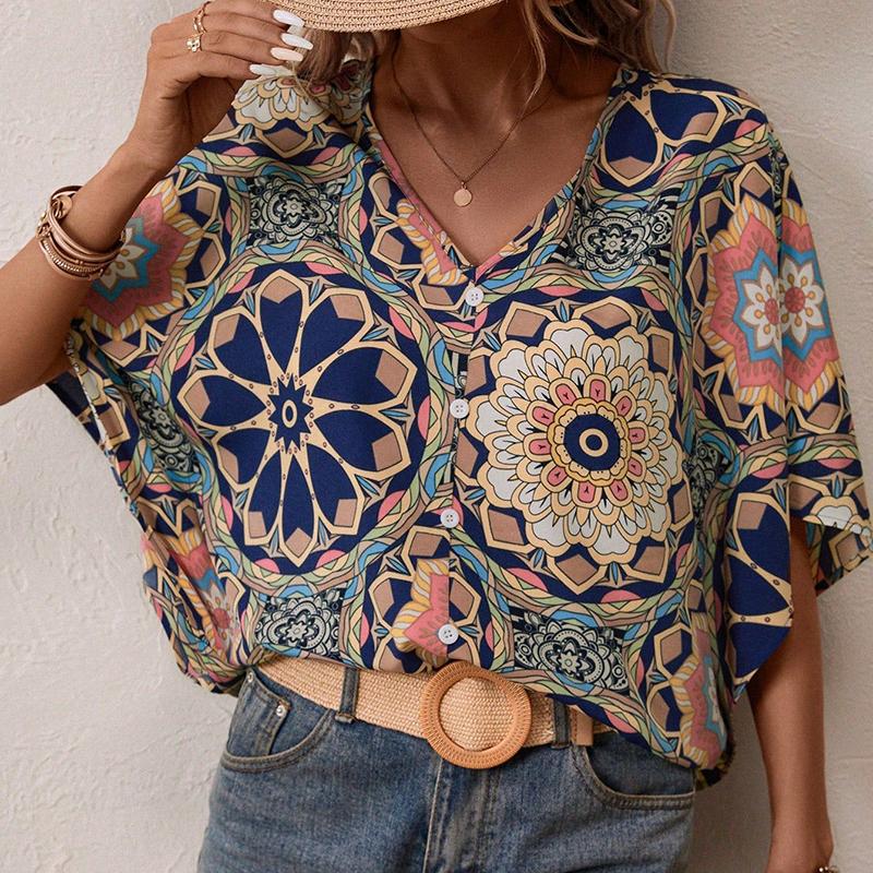 Ladies Summer Short Sleeve V Neck Loose Retro Flower Printed Pullover  Shirt Top