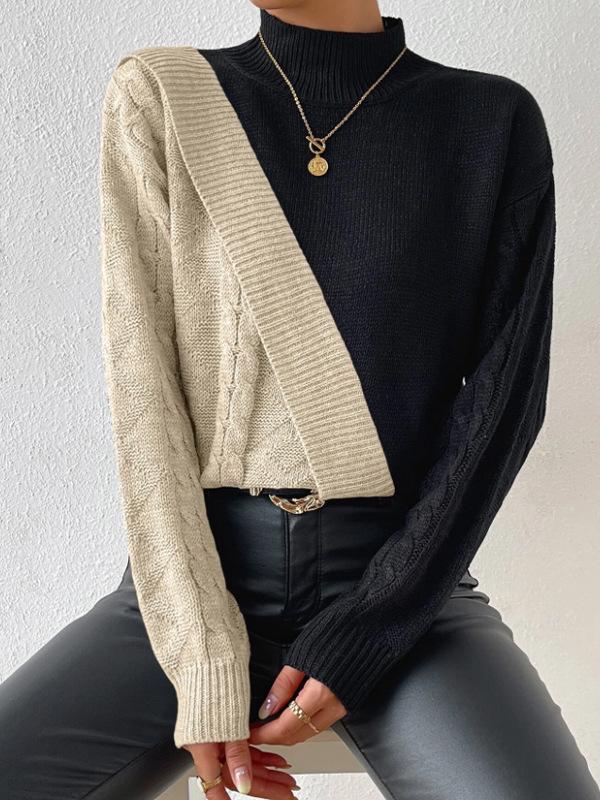 Women's Color Block Half-High Collar Cable Knit Sweater - Autumn/Winter European & American Loose Casual Style