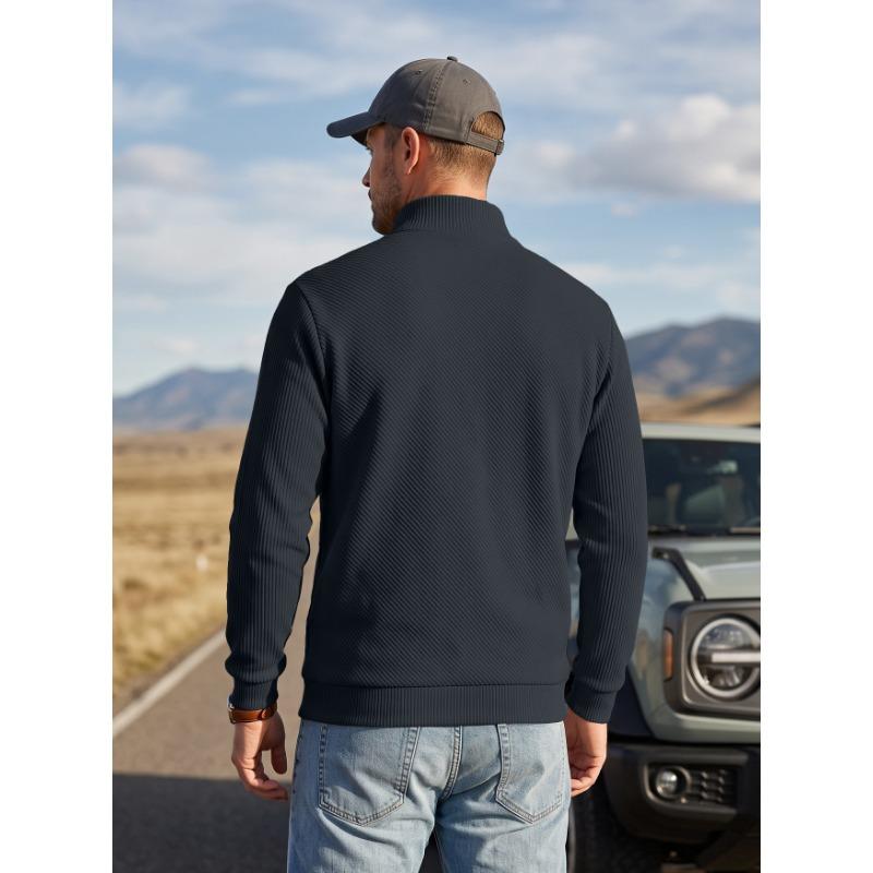 Men S Loose Fit Jacquard Stand Collar Sweatshirt With Zipper Pockets For Spring Autumn