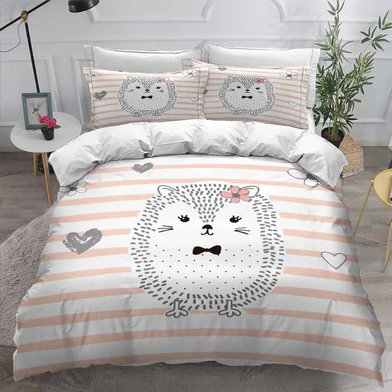 Printed Flower Hedgehog Duvet Cover Set Super Soft Comfortable 100% Polyester Bedding Set Cute Cartoon Kids Bed Linens Girl Boy