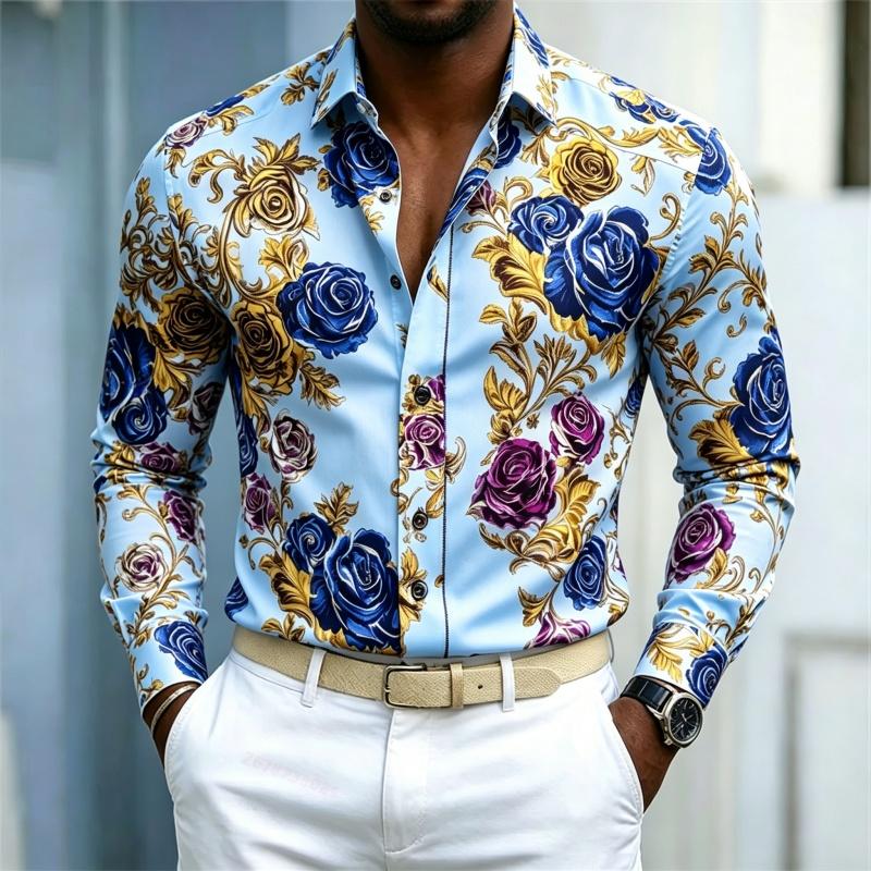 2026 Men's Shirt French Retro Blue Purple Gold Rose Flower Shirt White Background Pattern Slim Fit Long Sleeved Shirt XS-6XL