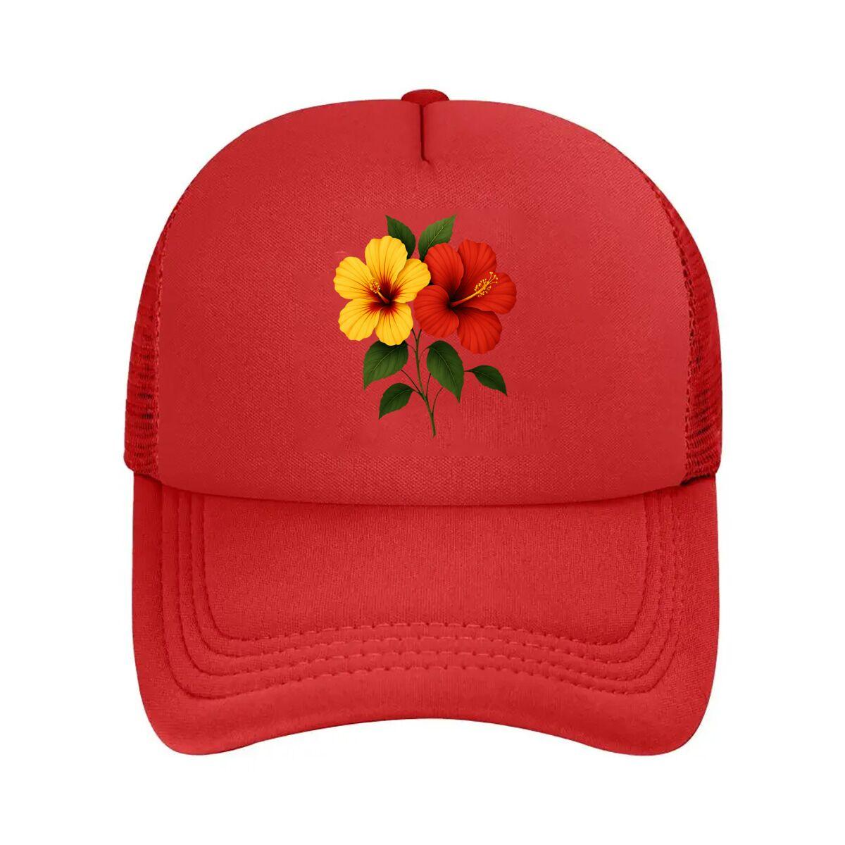 Artificial Hibiscus Flower Vibrant Red Yellow Decor  Mesh Baseball Cap Hip Hop Adjustable