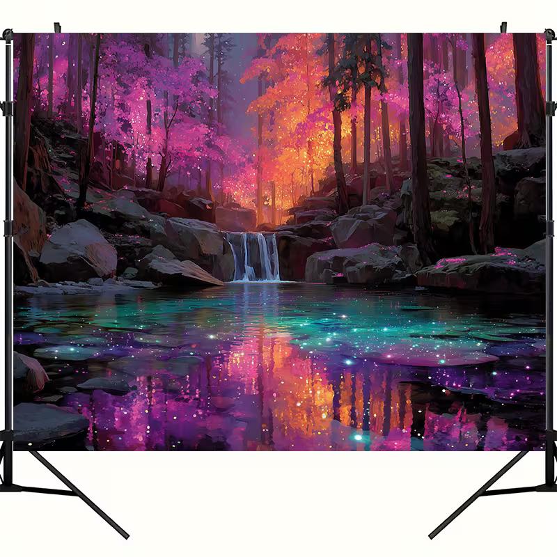 

2D Glowing Fantasy Forest Backdrop, Waterfall & Sparkling Lake Photography Background Cloth 47.2x31.5inch/120*80cm