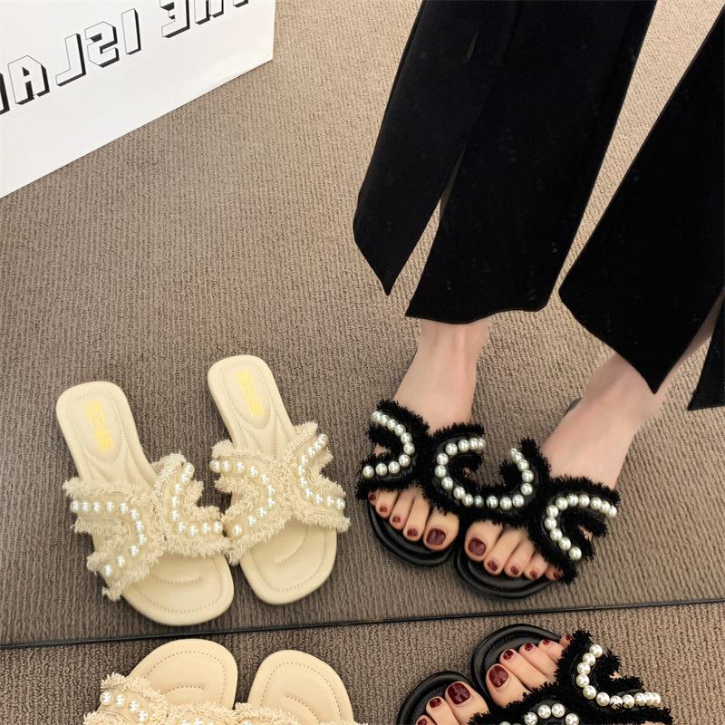 Cool Slippers Women's Outer Wear Design Small Fragrant Wind Pearl Seaside Beach 2025 New Summer One-word Drag Niche