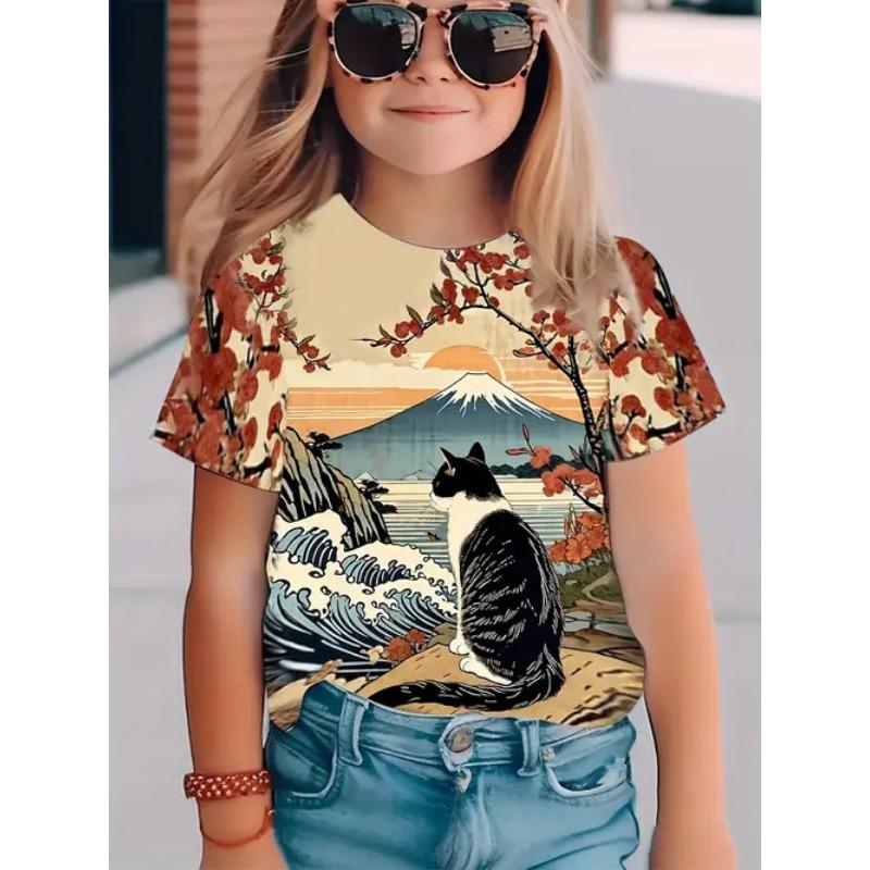 Summer Round Neck 3D Printed Top Fashionable Casual Short Sleeved Children's Girl T-shirts