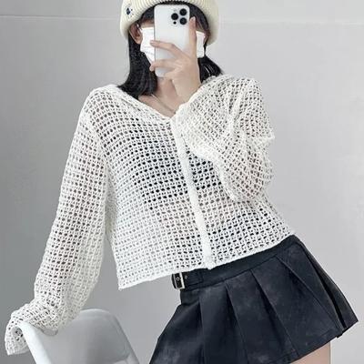 Long Sleeved Sun Protection Cardigan Korean Version Lazy Top Hooded Knitted Spring/summer Short Cut Hollow Knit Sweater
