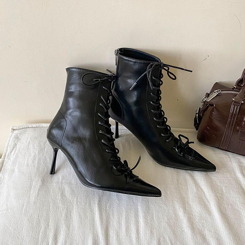 Modă Modă Cu Șireturi Glezna Dama Cizme Moderne Tocuri Subțiri Pantofi Vârf Ascuțit Elegant Femei Cizme Scurte Pantofi cu Tocuri Dama