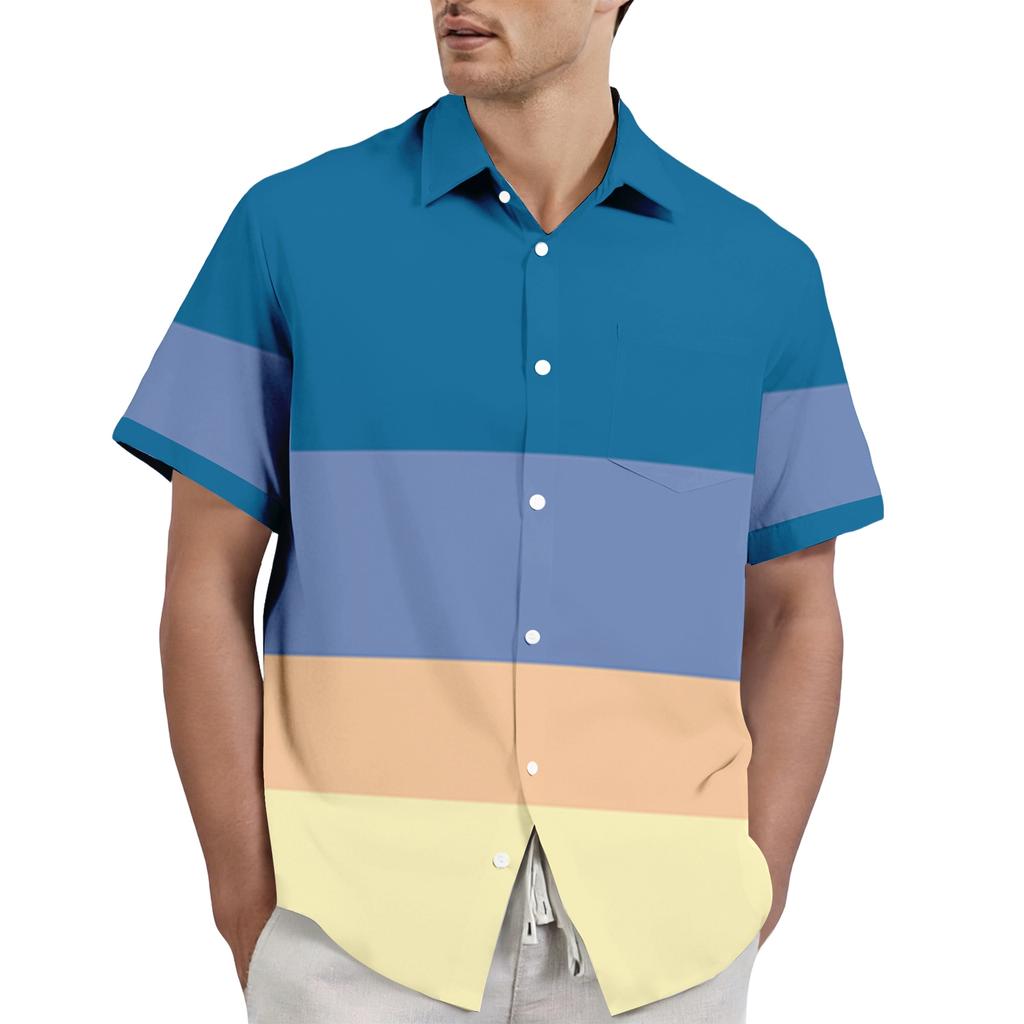 Men's casual stylish striped texture printed shirt - Men's lapel short-sleeved button-up shirt