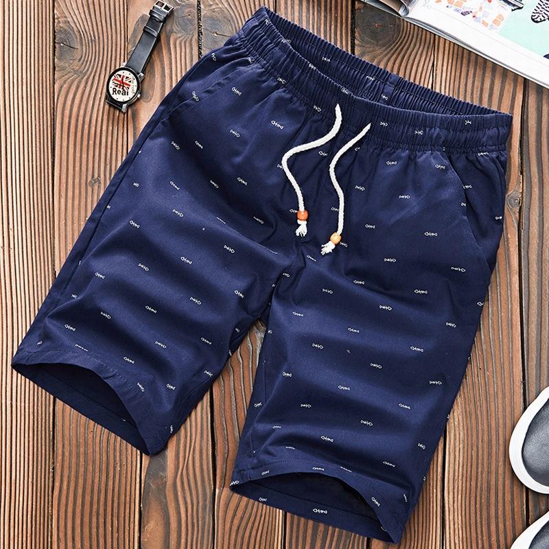 Summer Shorts Men Fitness Sport Elastic Waist Drawstring Shorts Men's Beach Pants Calf-length Design Fish Bone Printing Male