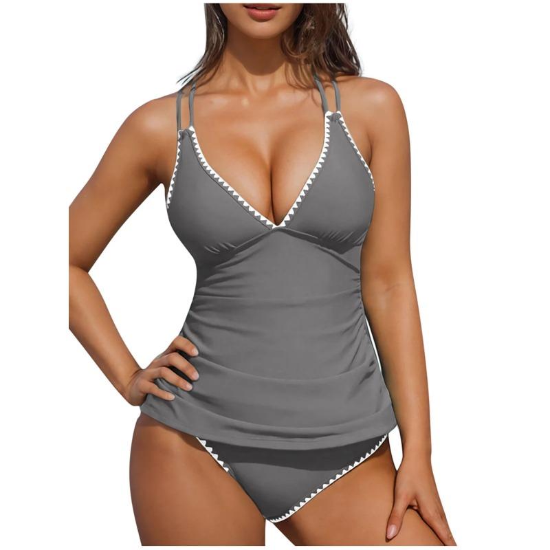 S - XXL Neu 10 Farben V-Ausschnitt Tankini Bikini Damen Bademode Weiblicher Badeanzug Zweiteiliger Bikini-Set Badegast Badeanzug Schwimmen K6770