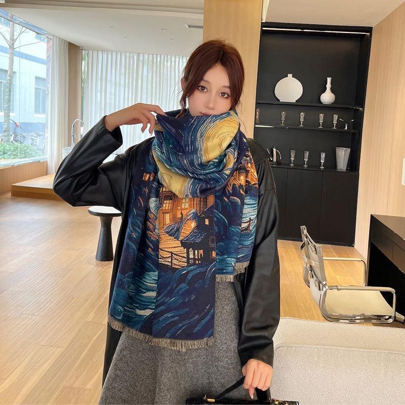 Autumn and Winter Scarf Women's High-end Imitation Cashmere Starry Sky Oil Painting Shawl Versatile Thickened Warm Jacquard Scarf Scarf Scarf