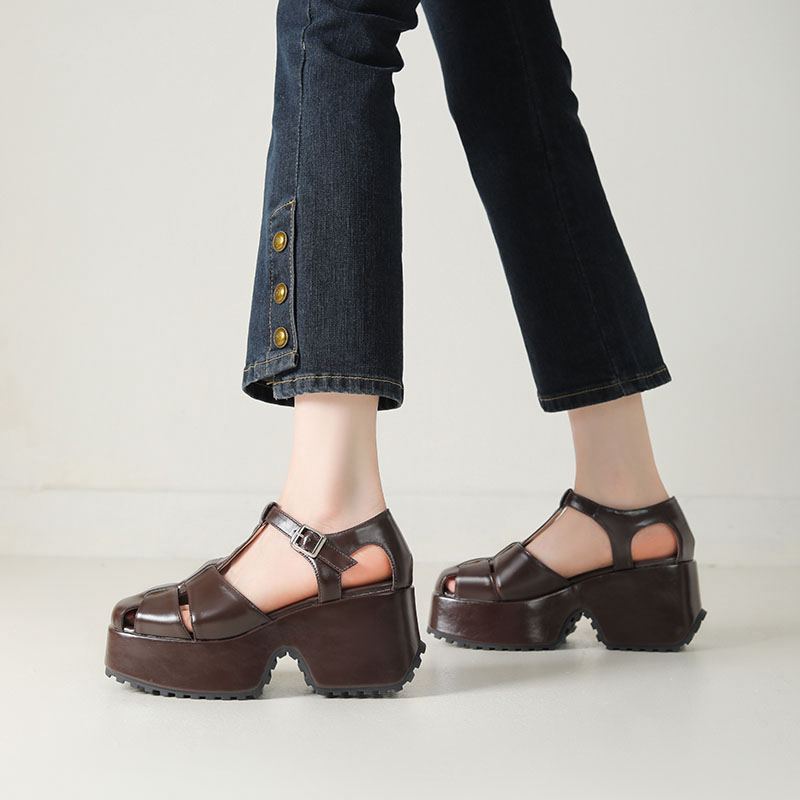 Krazing Pot Polyurethane Spring Summer Size 43 Size 42 Prints Women Platform Women Round Toe Buckle Straps Waterproof Sandals