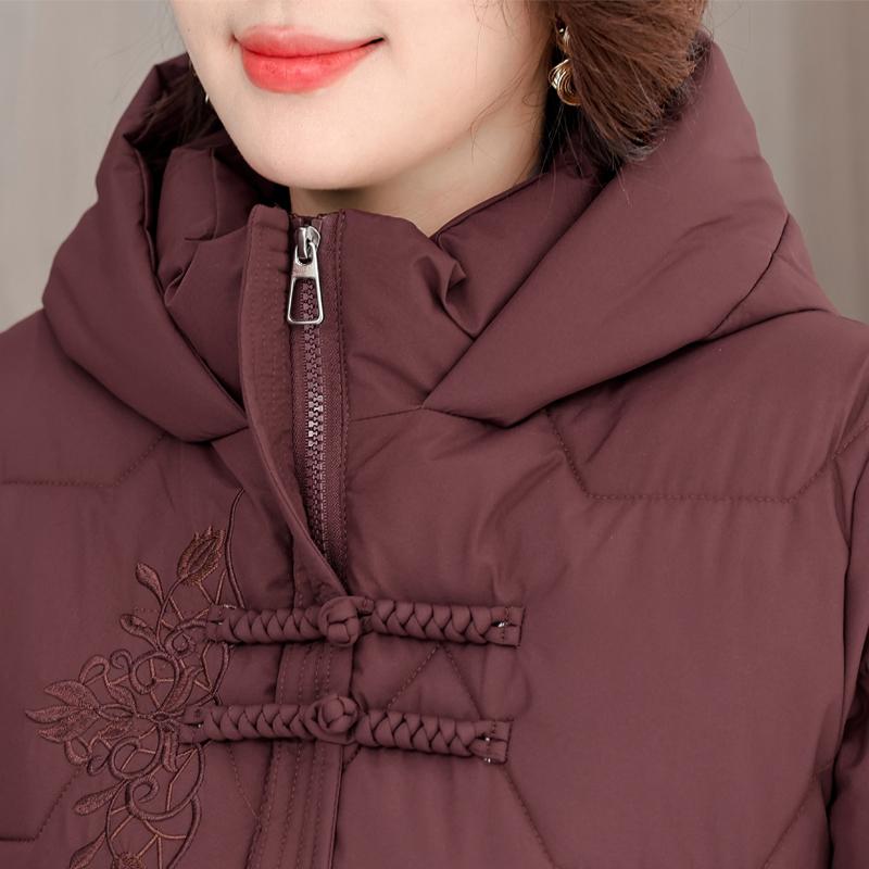 Middle Age Women's Winter Jackets Hooded Embroidery Casual Thick Parka Female Warm Coat