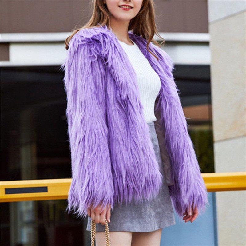 

New Hooded Plush Fur Coat for Women, Warm Long-Sleeve Faux Fur Jacket for Autumn and Winter Purple S