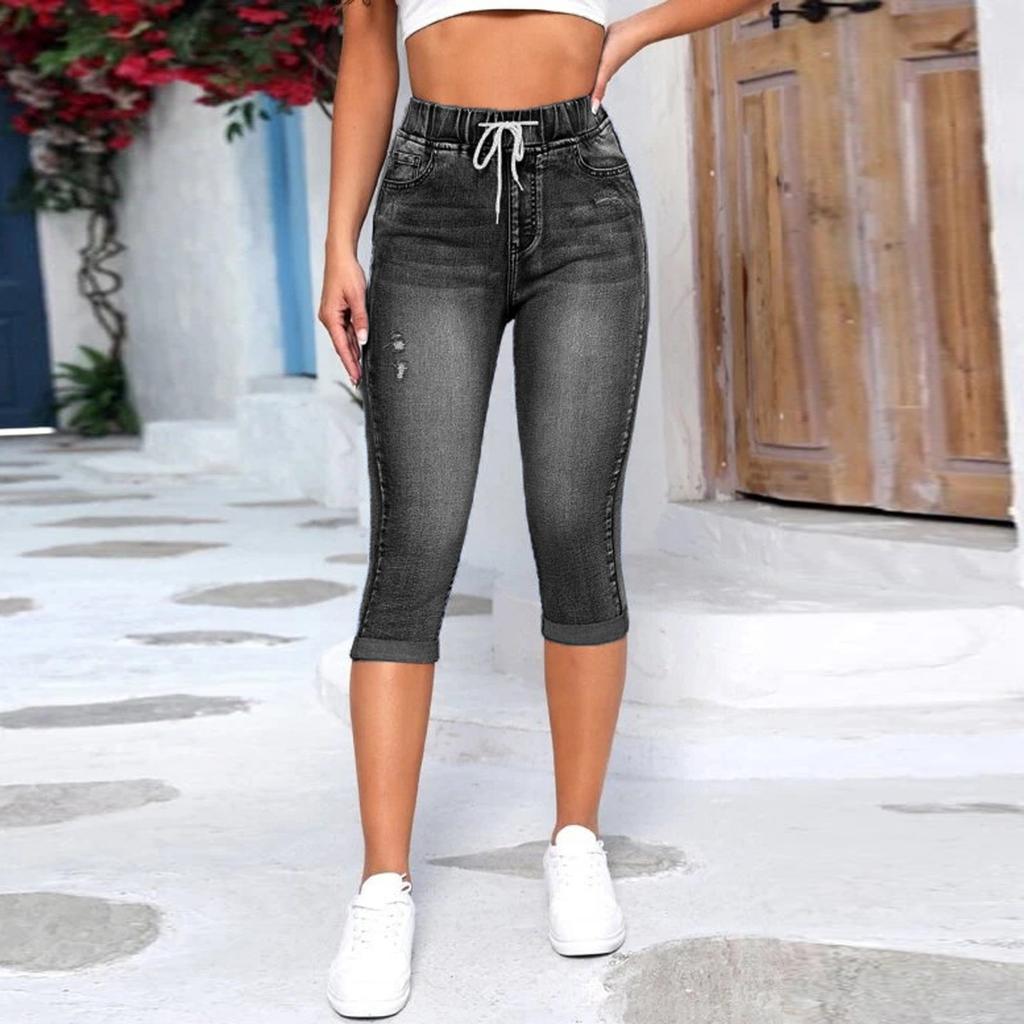 Damskie Jeansy Retro Kolor Wysoki Stan Krótkie Jeansy Sznurek Jeansowe Spodnie