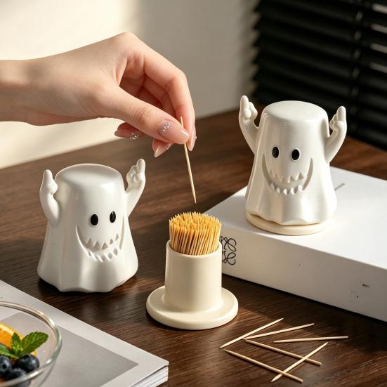 Middle Finger Ghost Toothpick Box, Halloween Ghost Toothpick Holder Dispenser, Dental Floss Swabs Toothpick Container for Kitchen Countertop