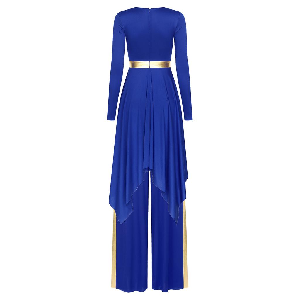 Ladies Long Sleeve Liturgical Dance Dress Metallic Color Block Irregular Hem Wide Leg Pants Church Worship Wear