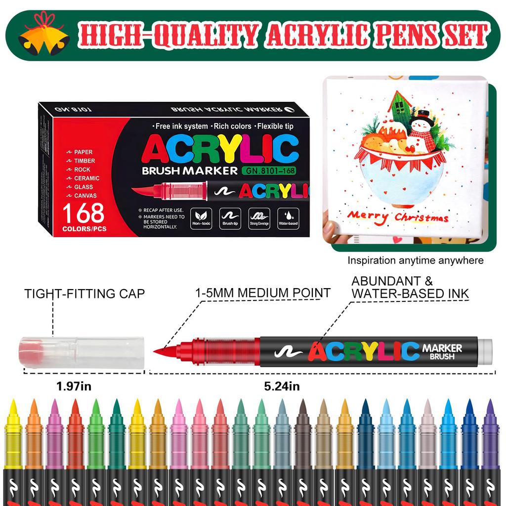168 Colors/set Brush Tip Acrylic Paint Pens Markers for Rock Painting Ceramic Glass Wood Mugs Metal Fabric Easter Art supplies