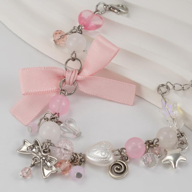 Faux Pearls Beaded Bracelet with Bowknot Pendant Butterfly Knot Charm Wristchain Adjustable Length Handchain Ornament