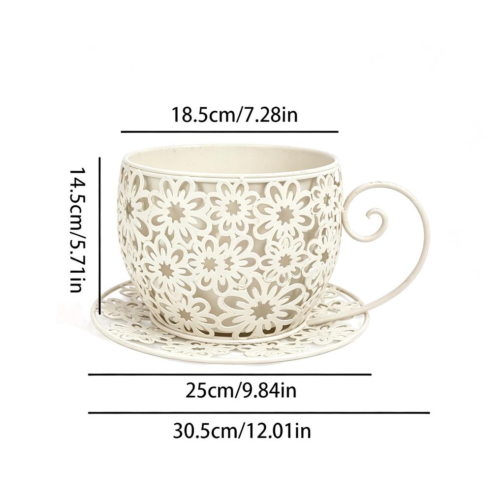 12 Inch Antique Metal Teacup Planter with Drainage Holes Decorative Rustic Iron Planter Weatherproof for Terrace Patio Yard