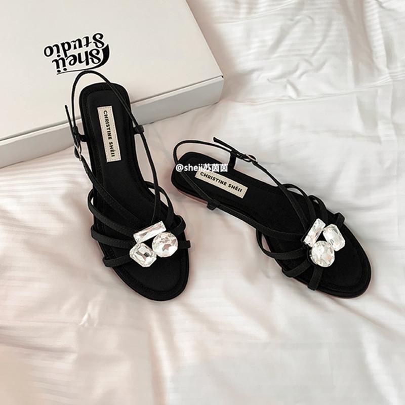 

Sheepskin version~ gemstone rhinestone leather flat bottom with sandals women s summer wear French fairy wind cool slippers 40