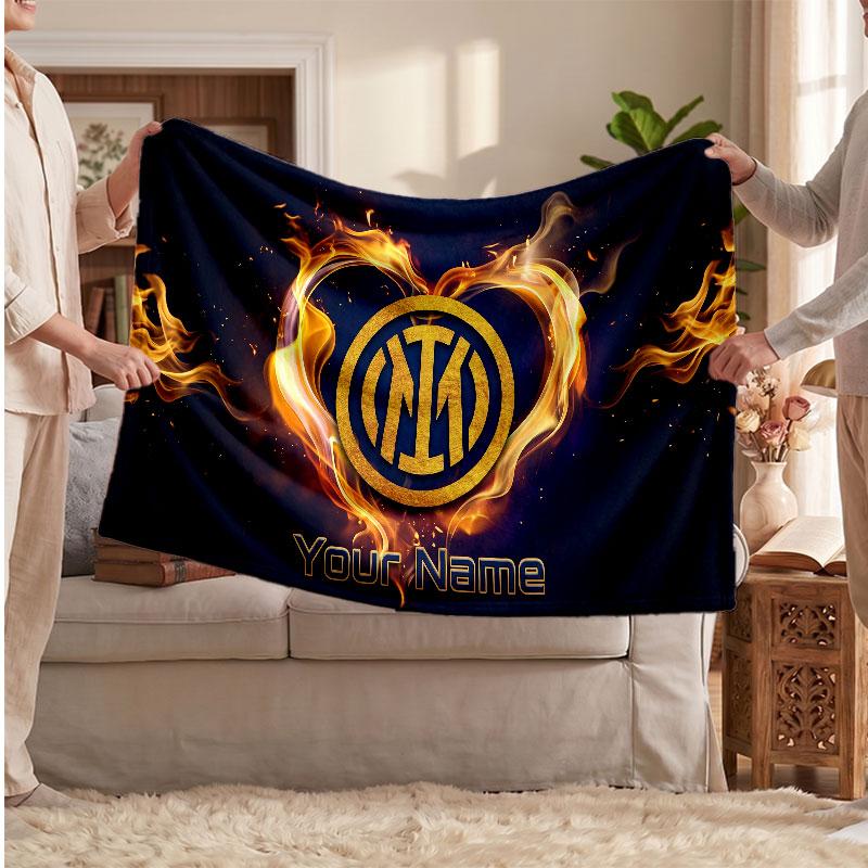 Inter Milan Personalized Fleece Blanket With Football Logo, Custom Name Text Soft Warm Home Throw Blanket